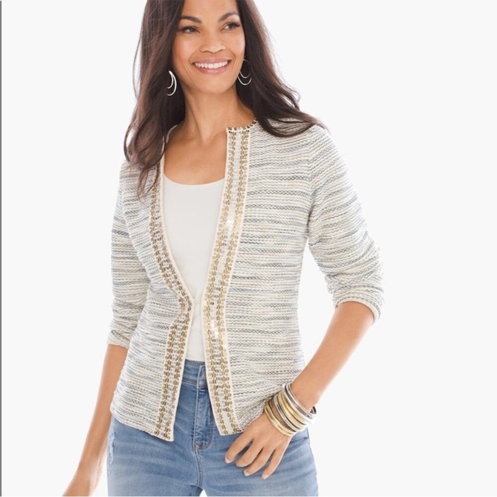 Chico's Women’s Sequined Trim Tweed Cardigan Size 2 Preppy Chic Sequins‎ Casual